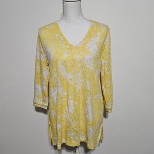 Chico's Linen Tunic Top Sz 1 US M Yellow White Lightweight Paisley 3/4 Sleeve‎